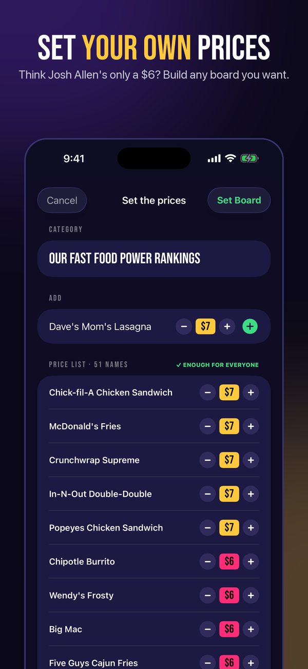 Board editor: set your own prices for every pick.
