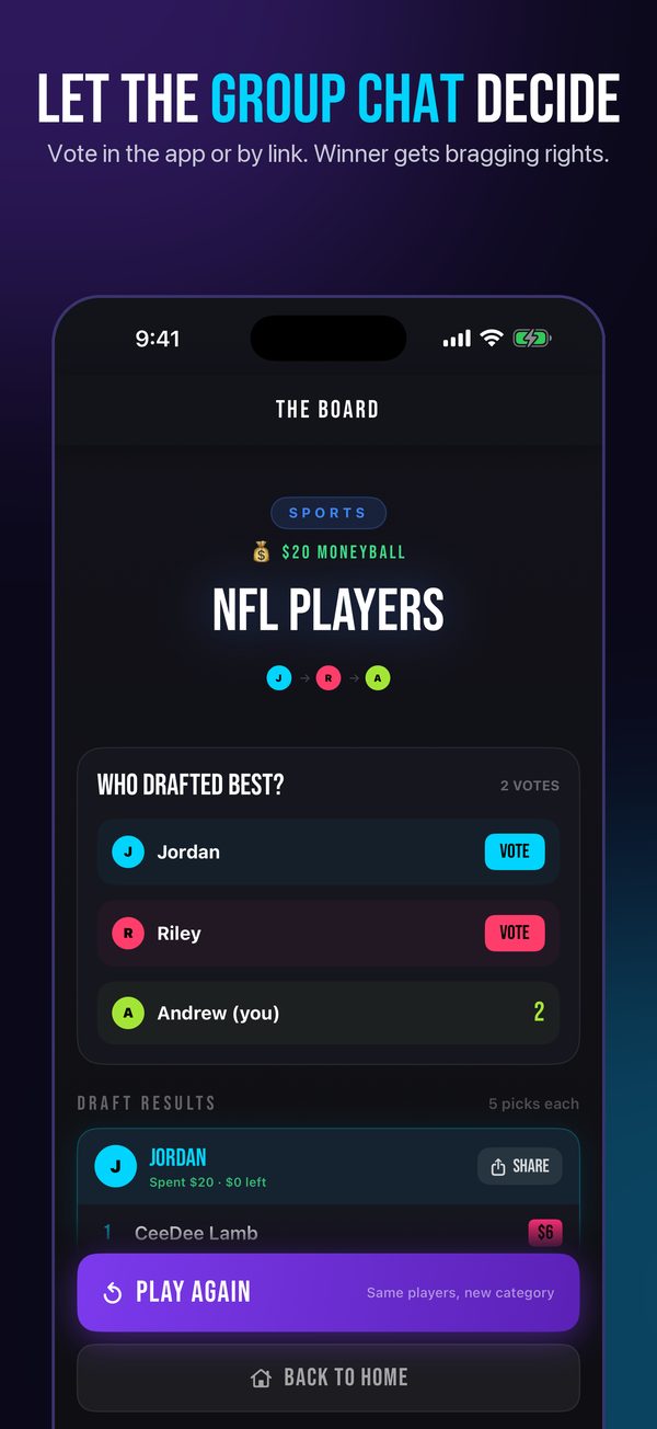 Voting screen: the group chat decides who drafted best.