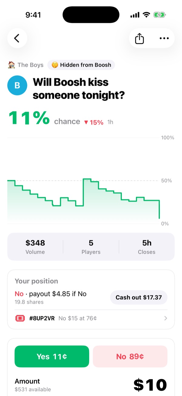 Live odds: every pick moves the market for the whole group.