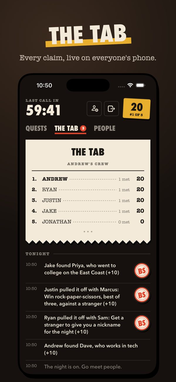 The tab: live scores and every claim, on everyone's phone.